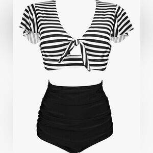 COCOSHIP Retro Black & White Striped Tie-Front Bikini Set